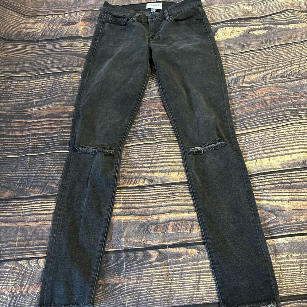 Frame Denim Women's Le Skinny de Jeanne Black Distressed Jeans size 26 - Picture 3 of 8